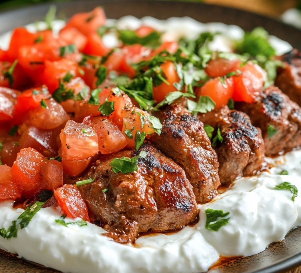 Turkish İskender Kebab with Yogurt and Tomato Sauce 