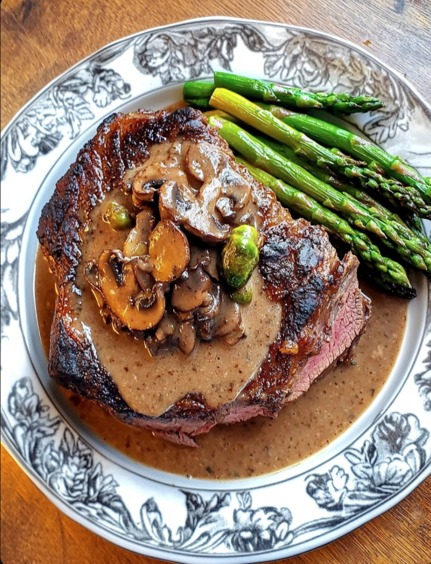 Prime Rib Roast with Mushroom Gravy, Asparagus & Brussels Sprouts 🥩🍄✨