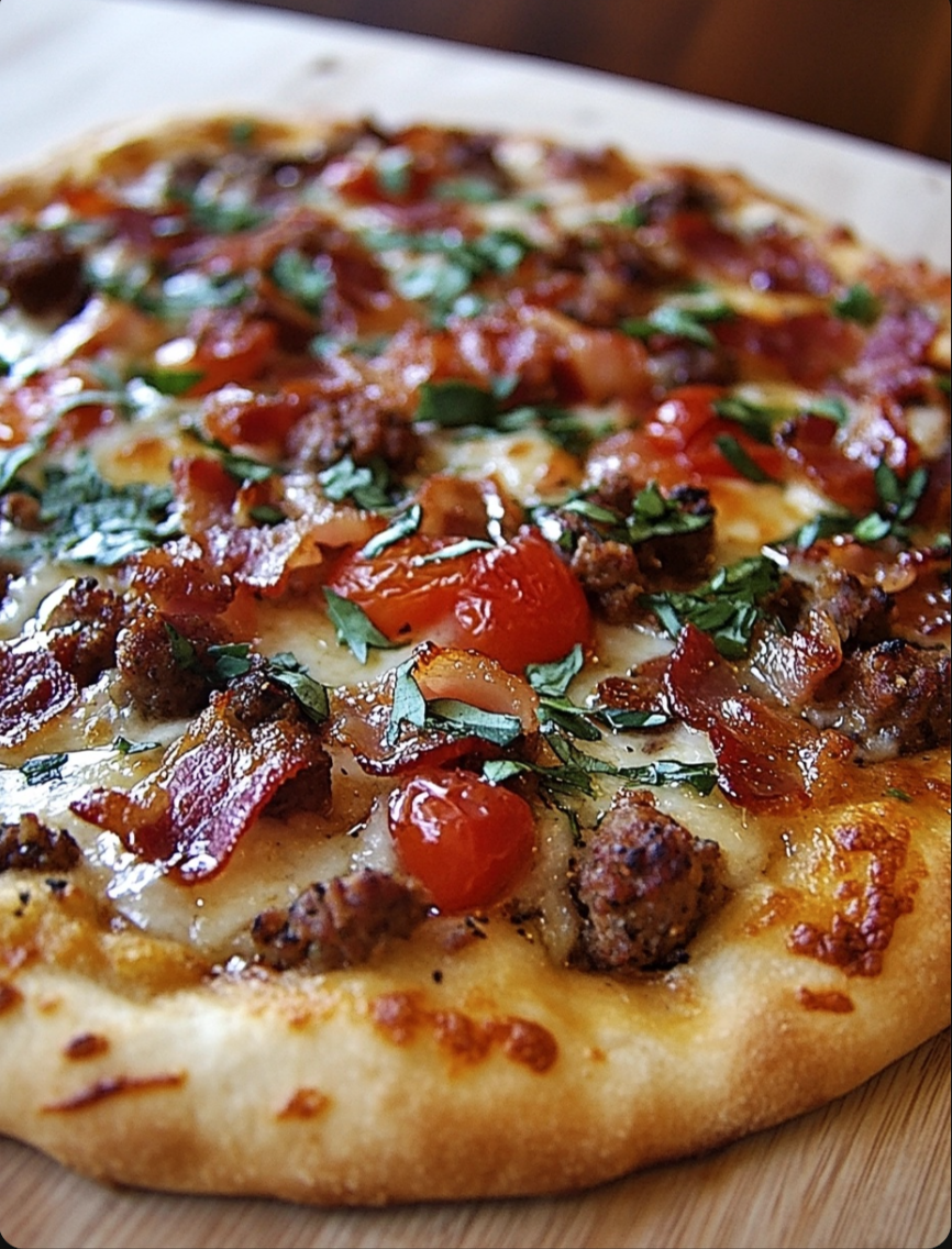 Beer Dough Pizza with Sausage, Bacon, Tomato & Fresh Herbs