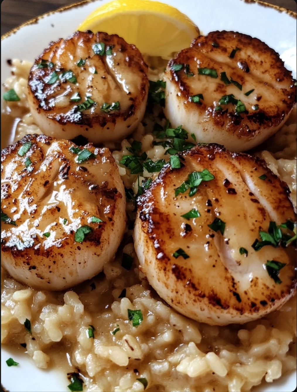 Seared Scallops with Lemon-Garlic-Butter Sauce and Risotto