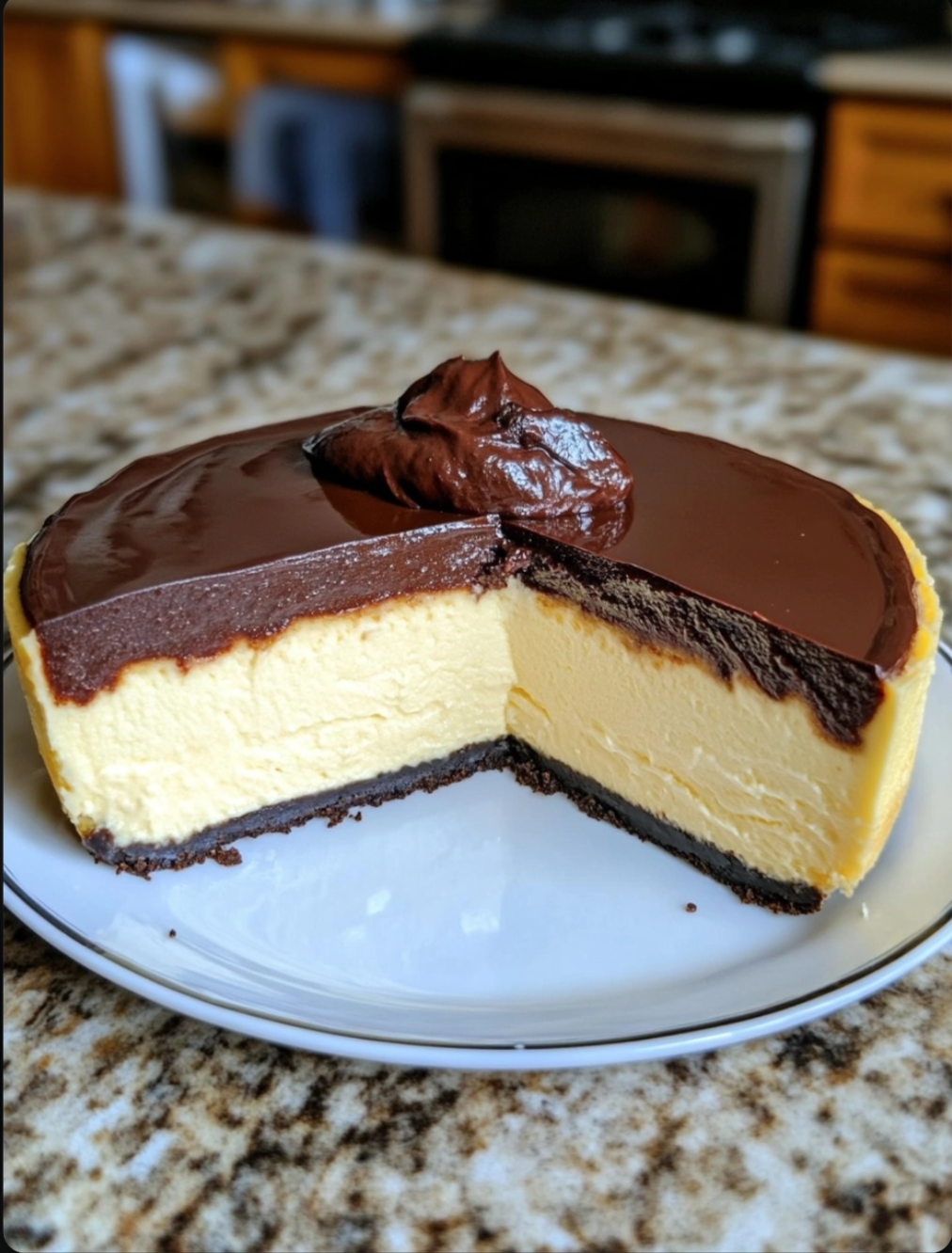 New York Style Cheesecake Topped with Dark Chocolate Pudding Over Vanilla Custard