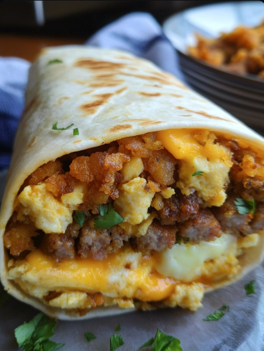 Sausage, Egg & Cheese Breakfast Burrito with Crispy Hashbrowns