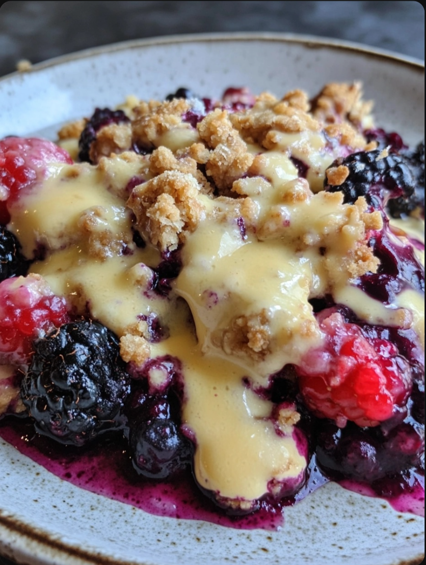 Mixed Berry Crumble with White Chocolate Crème Anglaise