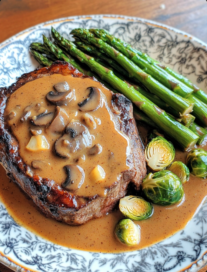 Prime Rib Roast with Mushroom Gravy, Asparagus & Brussels Sprouts 🥩🍄✨