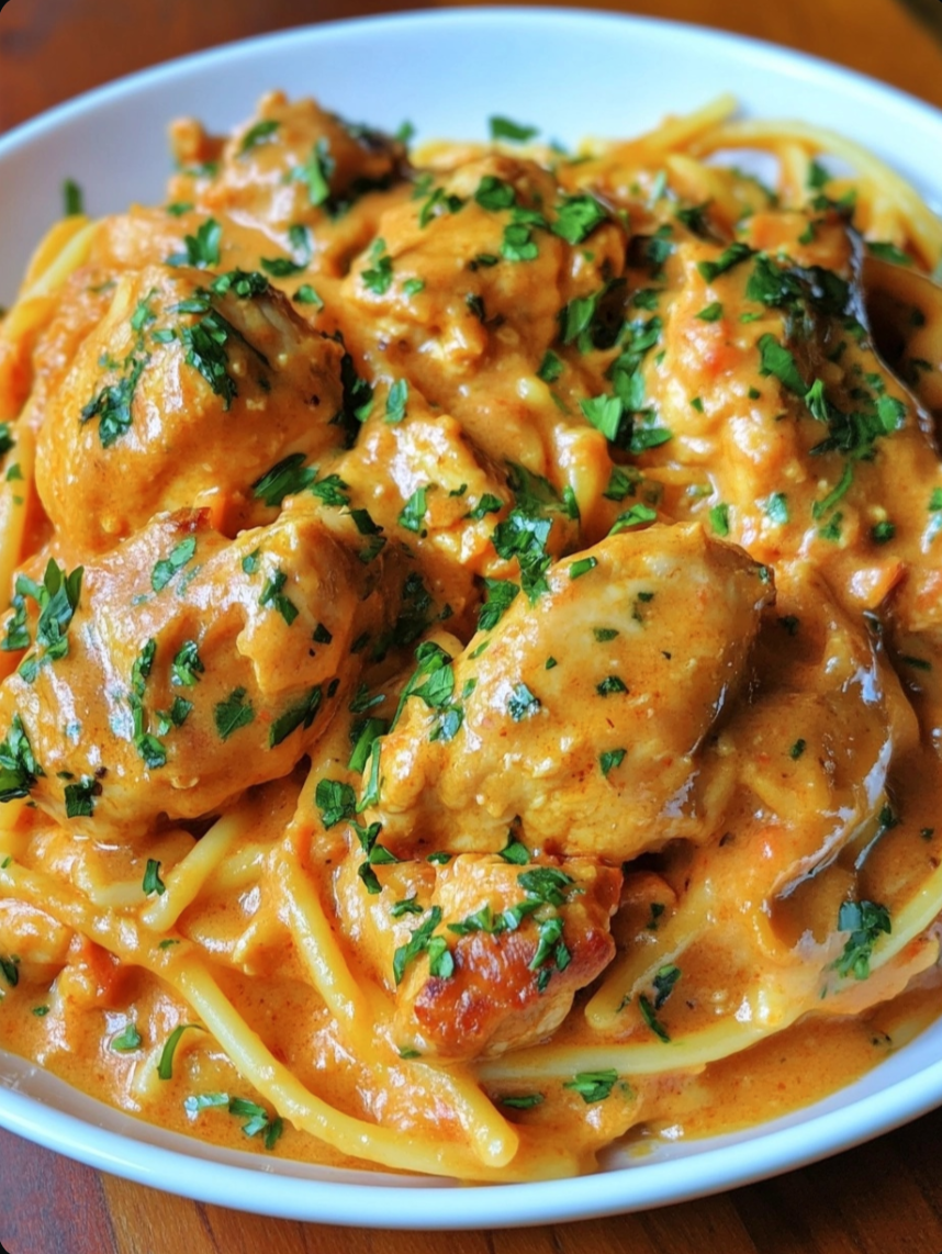 This rich and flavorful pasta with juicy, saucy chicken will have everyone coming back for seconds! 🍝🍗