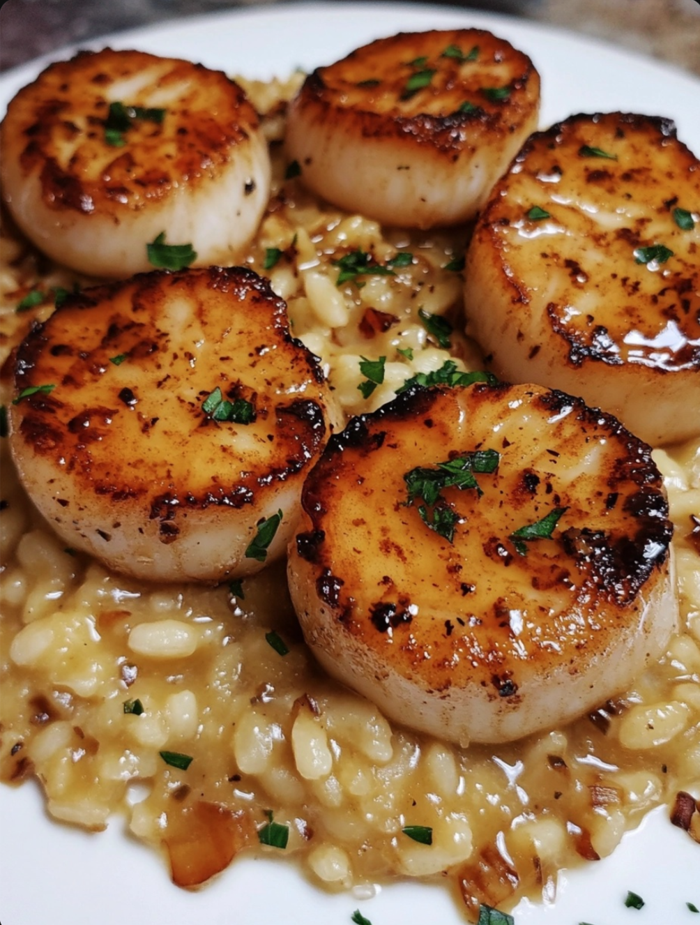 Seared Scallops with Lemon-Garlic-Butter Sauce and Risotto