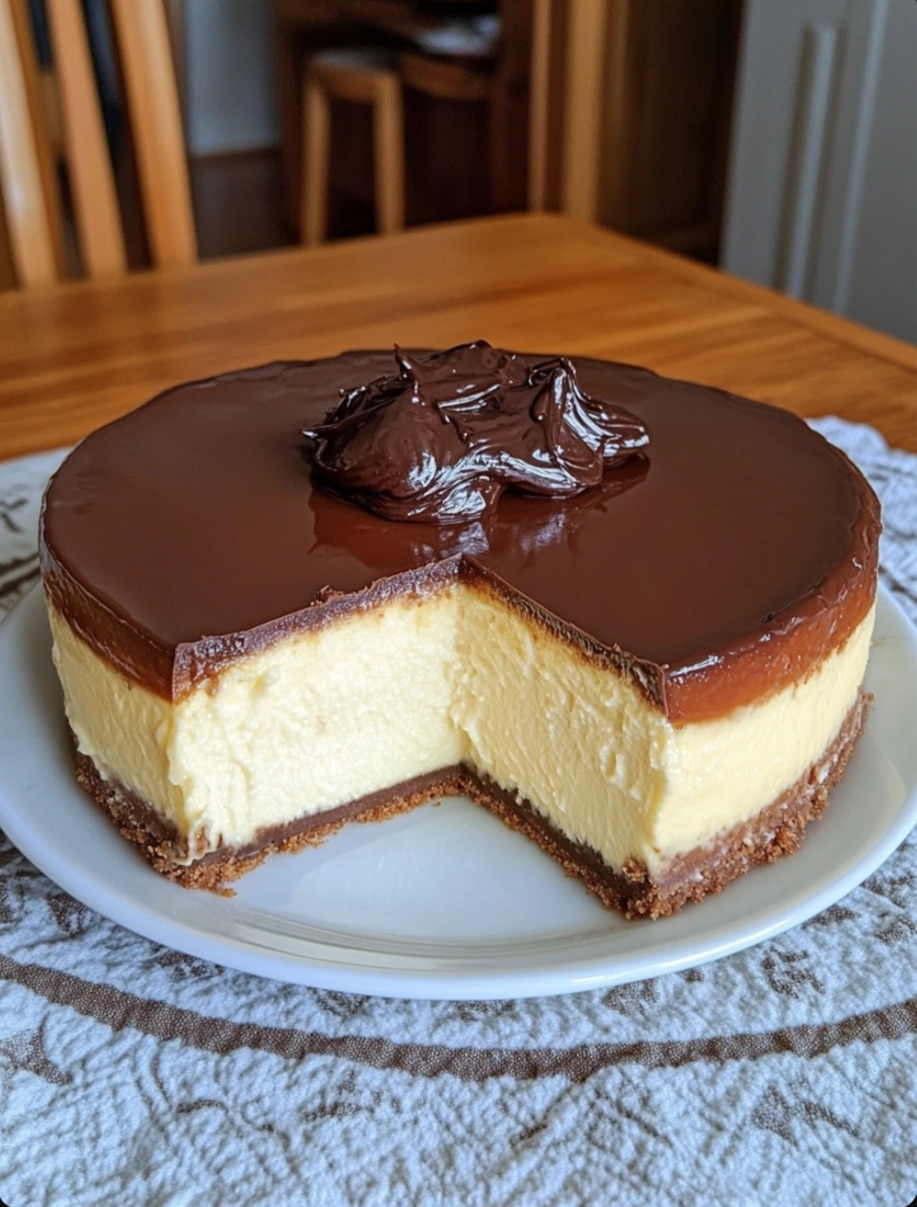 New York Style Cheesecake Topped with Dark Chocolate Pudding Over Vanilla Custard