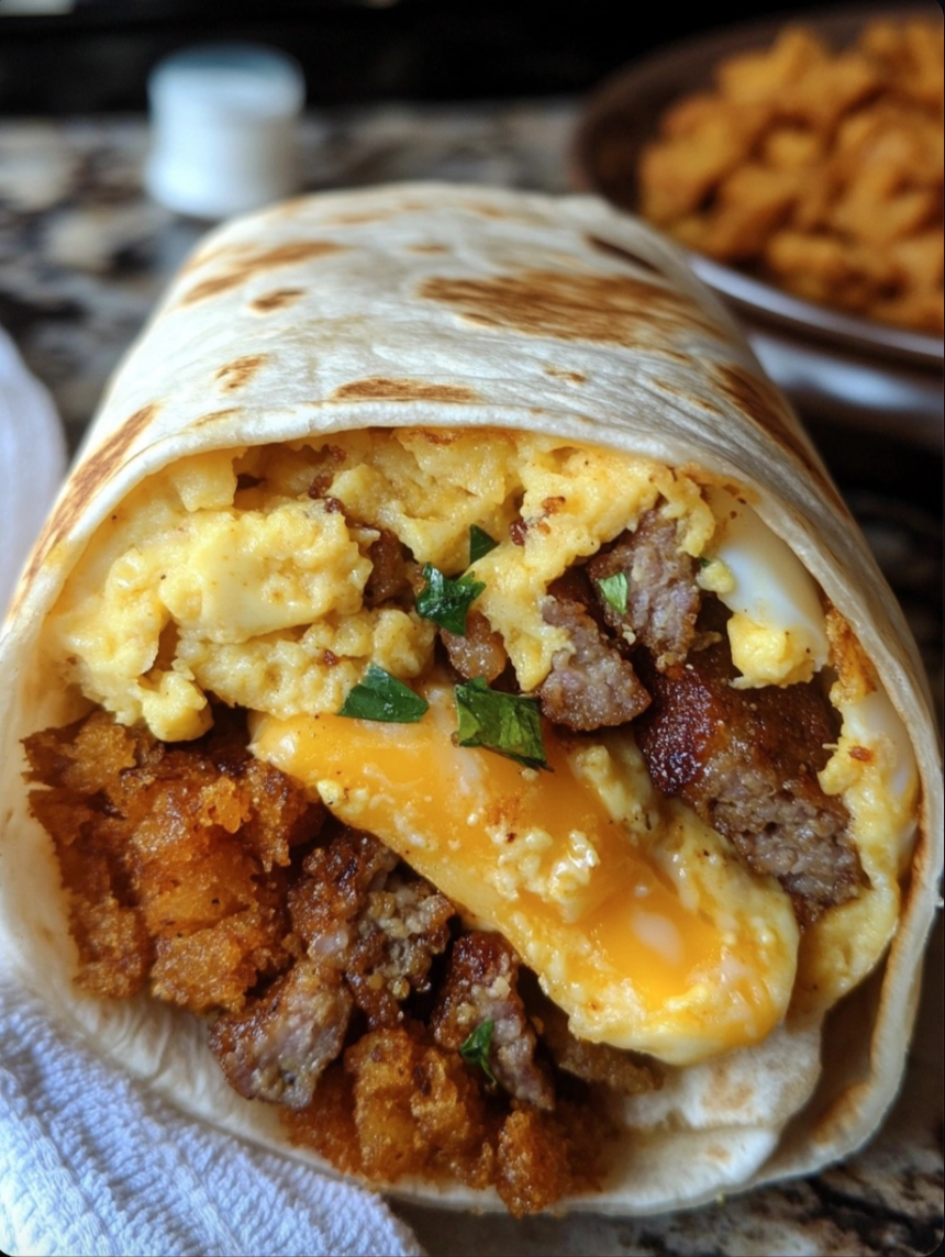 Sausage, Egg & Cheese Breakfast Burrito with Crispy Hashbrowns